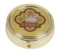Pyx Case Gold Tone Agnus Dei Lamb of God with Epoxy Lid, 2 1/4 Inch