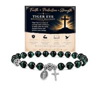 Pyxovixar Tiger Eye Rosary Bracelet with Miraculous Medal & Crucifix | Elastic Natural Stone Beads Catholic Religious Faith Jewelry for Birthday,Mother Day & First Communion ideal Gift