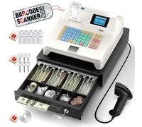 PYY Cash Register for Small Businesses with Scanner - Electronic Commercial White Caja Registradora para Negocio with Lock Cash Drawer Box, 48 Keys, 8 Digital Dual Display for Restaurant Supermarket