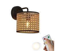 PZAOJAU Black Rattan Battery Operated Wall Sconce Woven Boho Wicker Wireless Wall Light Remote LED Bulb Mid Centur Cordless Rechargeable Wall Lamp For Bedroom Farmhouse Living Room Bedside