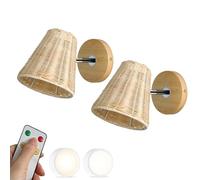 PZAOJAU Boho Wall Sconces Battery Rechargeable Rattan Wicker Battery Operated Wall Light Set of 2 Remote USB Dimmable Bulb Cordless Wireless Wall Lamp for Kids Bedroom Farmhouse Living Room
