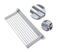 PZiXuaner Roll Up Dish Drying Rack Over The Sink.Extra Large Foldable Kitchen Drainer,Fully Silicone Cover Stainless Steel Bar,Heat-Resistant, Anti-Slip Sink Rack for Kitchen Counter Multipurpose.