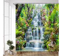 PZMPZM Waterfall Shower Curtain Tropical Forest Green Leaves Plant Falling Water Spring Flower Lake Nature Landscape Bathroom Curtains Polyester Fabric Set with Hooks 70Wx70H Inch