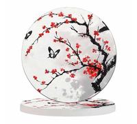 Pznen Cherry Branch Drink Coasters Modern Foliage Butterfly China Classic Blossoming Oriental Ink Culture Housewarming Gifts for New Home Present for Friends,2 Pcs,4 X 4 X 0.35 Inches