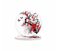 Pznen Cherry Branch Drink Coasters Modern Foliage Butterfly China Classic Blossoming Oriental Ink Culture Housewarming Gifts for New Home Present for Friends,2 Pcs,4 X 4 X 0.35 Inches