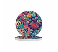 Pznen Colorful Floral Coasters for Drinks Exotic Paisley Curly Ethnic Fantastic Artistic Stylized Flowers for Tabletop Protection Coffee Table Living Room Kitchen Office Home Decor 2 Pcs,4 Inch