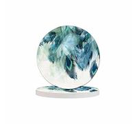 Pznen Peacock Feather Print Coaster for Drinks Individual Elegance Birds Wings Beautiful Cyan Decor Soft Floating Feather Gift for Housewarming Birthday and Family 100% Diatomite 4''X 4'',2 Pack