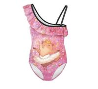 Pzuqiu Capybara Dancer Girls' One-Piece Swimwear Sun Protection Bathing Suit One Shoulder Ruffle Beach Wear & Pool Age 3 4 5 6 7 8 9 10 11 12 13 14 15T