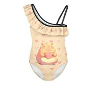 Pzuqiu Capybara Heart Swimsuits, Girls Tankini Plus Size 1 Shoulder Ruffle Cute Bathing Suit High Waist Summer One Piece Beachwear Age 3 4 5 6 7 8 9 10 11 12 13 14 15T