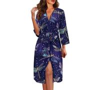 Pzuqiu Dragonflies Women's Bathrobe Long Knit Robe Soft Quick Dry Belted Ladies Sleepwear Lightweight Kimono Pajamas Sleepwear for Travel Home Bridal Party