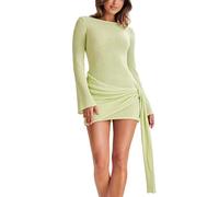 PZUYBZQ Women's Backless Dress Bodycon Long Sleeve Knit Crochet Party Sweater Dresses Summer Beach Mini Dress(Green,S)