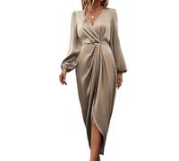 PZUYBZQ Women's Satin Dress Wrap V Neck Lantern Long Sleeve Dresses Slit Elegant Maxi Dress For Wedding Cocktail Party(Champagne,XL)