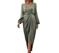 PZUYBZQ Women's Satin Dress Wrap V Neck Lantern Long Sleeve Dresses Slit Elegant Maxi Dress For Wedding Cocktail Party(Green,L)