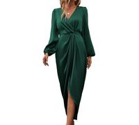 PZUYBZQ Women's Satin Dress Wrap V Neck Lantern Long Sleeve Dresses Slit Elegant Maxi Dress For Wedding Cocktail Party(Dark Green,L)