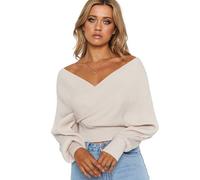 PZUYBZQ Wrap V Neck Sweater For Women Twist Back Backless Drop Shoulder Long Sleeve Pullover Cross Ribbed Knit Jumper Top(Apricot,S)