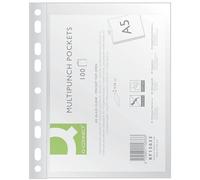 Q-Connect Document Wallets/Pack of 100 / DIN A5 /50 Micron Punched Pockets Glass Crystal Clear Wallets/Top Open Transparent Perforated Plastic Cover for Papers Files Folder