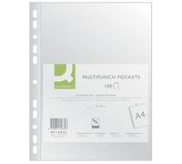 Q-Connect KF15632 Document Wallets/Transparent Wallets Grained A4 Pack of 100 / Grained Top Open Transparent Pockets Perforated Plastic Cover/Transparent 40 Micron