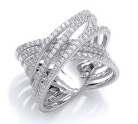 (Q) Jewelco London Ladies Rhodium Plated Sterling Silver Cubic Zirconia Pave Bridge Crossover Eternity Ring