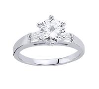 (Q) Jewelco London Ladies Sterling Silver Baguette Cubic Zirconia Shoulder-Set 6 Claw Solitaire Engagement Ring - GVR345