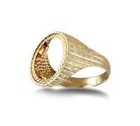 (Q) Jewelco London Men's Solid 9ct Yellow Gold Ribbed Barked 10th Ounce Krugerrand Brittania Coin Mount Ring - JRN183-T