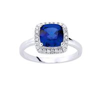 (Q) Jewelco London Sterling Silver Sapphire-Blue Square Cubic Zirconia Halo Cluster Solitaire Engagement Ring - GVR548