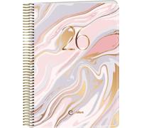 Q Kalon - 2026 Planner - Day Per Page, A5 (15x21 cm), Annual Multilingual Agenda (ENG, FR, GER, SPA), Ring Binding, Cardboard Cover & Plastic Protector - Marble