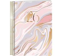 Q Kalon - 2026 Planner - Vertical Week View, A5 (15x21 cm), Annual Multilingual Agenda (ENG, FR, GER, SPA), Ring Binding, Cardboard Cover & Plastic Protector - Marble