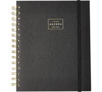Q Kalon - School Diary 2026 2027 - September to June, Day per Page, A5 (17x21 cm), SPA, ENG, FRA, GER, Index with Months, Faux Leather Hard Cover, Double Spiral and Elastic, Stickers - Black Mousse