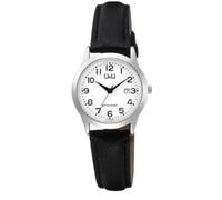 Q&Q Women's Watch Leather Strap Date 3 Bar Analogue Quartz, Black Silver