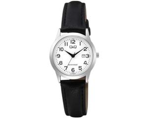 Q&Q Women's Watch Leather Strap Date 3 Bar Analogue Quartz, Black Silver