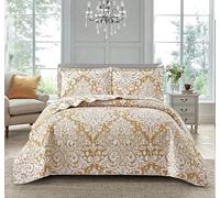 Q Style Quilted Patchwork Bedspread Bed Throw 2 Piece Comforter bedding set with Pillow Shams and Coverlet Throw Machine Washable (Royal Damask-Gold, Single)