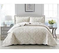 Q Style Quilted Patchwork Bedspread Bed Throw 3 Piece Comforter bedding set with Pillow Shams and Coverlet Throw Machine Washable (Damask-Beige, Double)