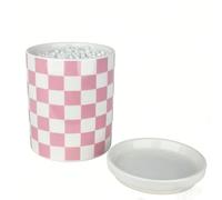 Q tip Holder, Qtip Dispenser with Lid, Cotton Swab Ball Holder Container for Bathroom, Q-tip Canisters/Apothecary Jar for Countertop Organizer, Modern Checkered Bathrooms Decor,Pink and White Ceramic