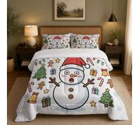 Q-Version Cartoon King Reversible Coverless Duvet | Snowman Gingerbread Man Christmas Tree Bed Quilt Soft Washable Lightweight Comforter Bedding Set for All Seasons with 2 Pillowcases, 220x240cm