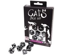Q WORKSHOP Cats Modern Dice Set Waffle: 7-Piece Polyhedral Plastic Dice in Black & Silver with Cat Themed Designs
