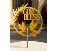 Q242 God Bless Gold Cake Topper -First Communion Cake Decoration, First Holy Divine Blessings Elegant Cake Decor for Christening Baptism Baby Shower Birthday Party Cake Decorations Supplies