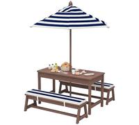 Qaba Kids Picnic Table, Outdoor Wooden Table & Bench Set with Cushions and Umbrella, Children Backyard Furniture for Patio, Garden, Navy Blue