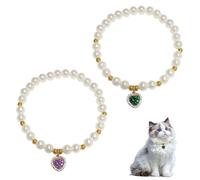 QACUU 2pcs Vintage Cute Cat Necklace Elegant Pearl Collar Set with Heart Crystal Pendant, Stylish Beaded Dog Collar Charming Pet Necklace Jewelry for Puppies Kittens and Small Pets