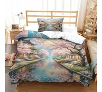 QADDKRTEV Cherry Blossom 3D Printed Comforter Cover Set Duvet Cover Bedding Set for Kids Teens Boys Room Decor Microfiber Quilt Cover 3 Pcs with Pillow Case Hidden Zipper Single(135x200cm)