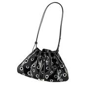 Qaonsciug Contemporary Metallic Leather Drawstring Shoulder Bag Hollow Bucket Design Compact Underarm Purse For Women Modern Rivet Detail Handbag