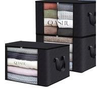 QASHU 90L Large Clothes Storage Bags - Foldable Clothing Organizer with Reinforced Handles, Clear Window & Sturdy Zip - Thick Non-Woven Fabric for Bedding, Blankets, Comforters - 3 Pack, Black