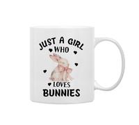QASHWEY Bunny Mug, Bunny Gifts for Girls Women, Pink Bow Coquette Bunny Themed Coffee Mug Tea Cup Gifts for Bunny Lovers Girls Women, Just a Girl Who Loves Bunnies Coffee Cups Ceramic 11oz