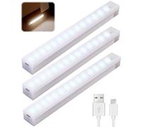 Qaum 3PCS Under Cabinet Kitchen Lights, 39 LED Motion Sensor Lights Indoor Rechargeable 20CM, 300LM Magnetic Auto Night Light, 6500K Cold White Soft Glow Lighting for Closet Stairs Counter Hallway