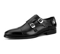 QAXZESA Mens Classic Polished Real Leather Single Monk Shoes Buckle Strap Slip on Smart Work Dress Loafer,Black-42