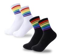 Qaziuy 2 Pairs Pride Sport Socks, Rainbow Striped Socks LGBT Pride Cotton Black White Rainbow Crew Socks for Men and Women LGBTQ Accessories Apparel
