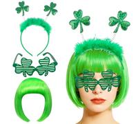 Qaziuy 3Pcs St Patrick’s Day Accessories Green Bob Wig Shamrock Headband St Patrick’s Glasses Lucky Clover Headband Glasses Costume for Irish Party Supplies