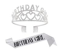 Qaziuy Birthday Girl Sash and Tiara, Glitter Crown Rhinestone Crystal Satin Sash for Girls' Party Decoration (Silver)