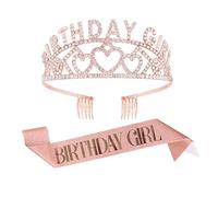 Qaziuy Girl Sash and Tiara, Glitter Crown Rhinestone Crystal Satin Sash for Birthday Party Decoration (Rose Gold)