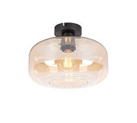 Qazqa - Art Deco Ceiling Light Black with Amber Glass - Bizle- - Art Deco - Suitable for LED E27 | 1 Light - Glass Flush Ceiling Light - Suitable for Living Room I Kitchen I Bedroom I