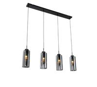 Qazqa - Art Deco Dining Room I Dining Table Pendant Lamp I Pendant Light Ceiling Black with Smoke Glass 4-Lights - Laura- - Art Deco - Suitable for LED E27 | 4 Light - Glass Pendant Light - Suitable